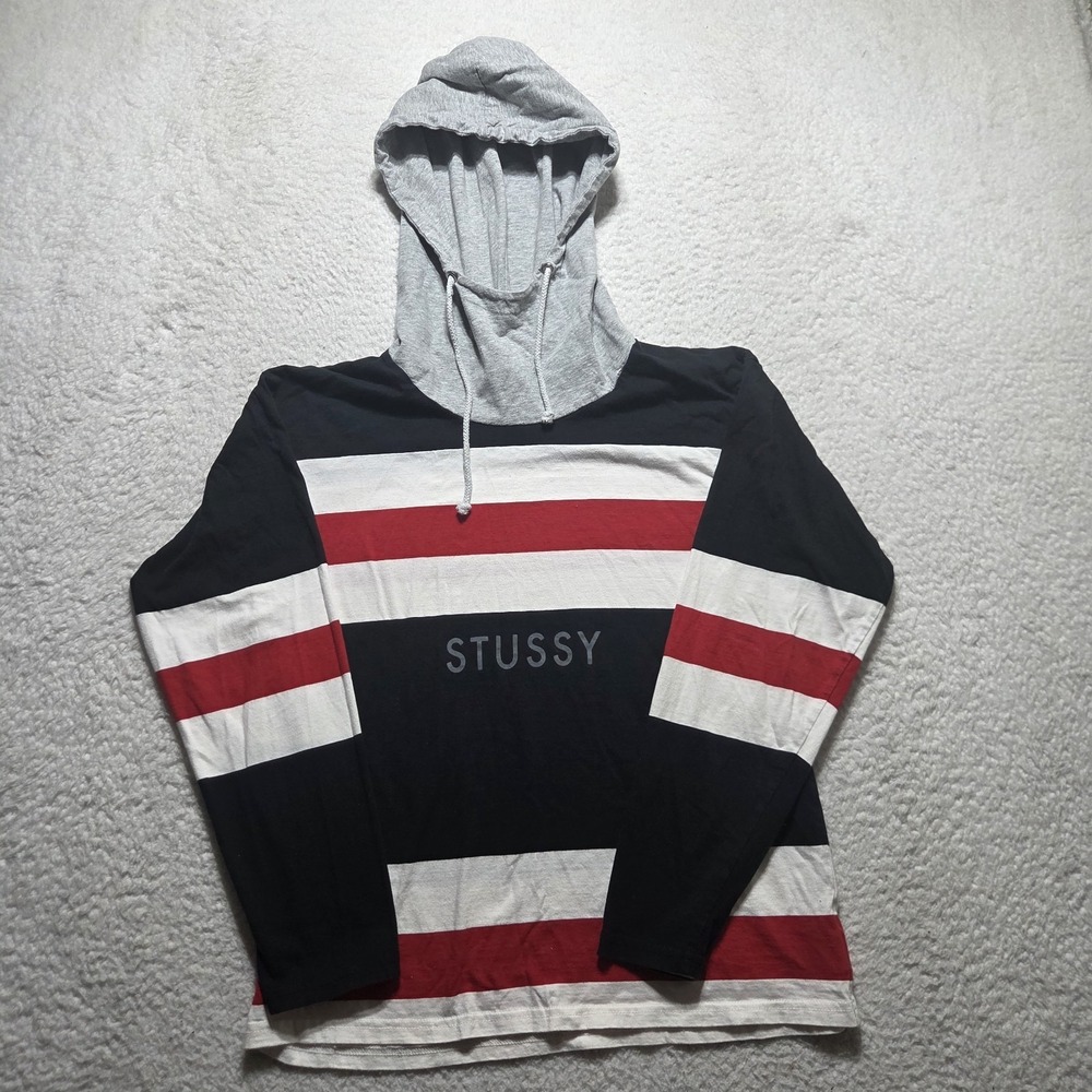 Stussy Women's Long Sleeve Hooded Shirt Stripes Logo‎ Front Size M